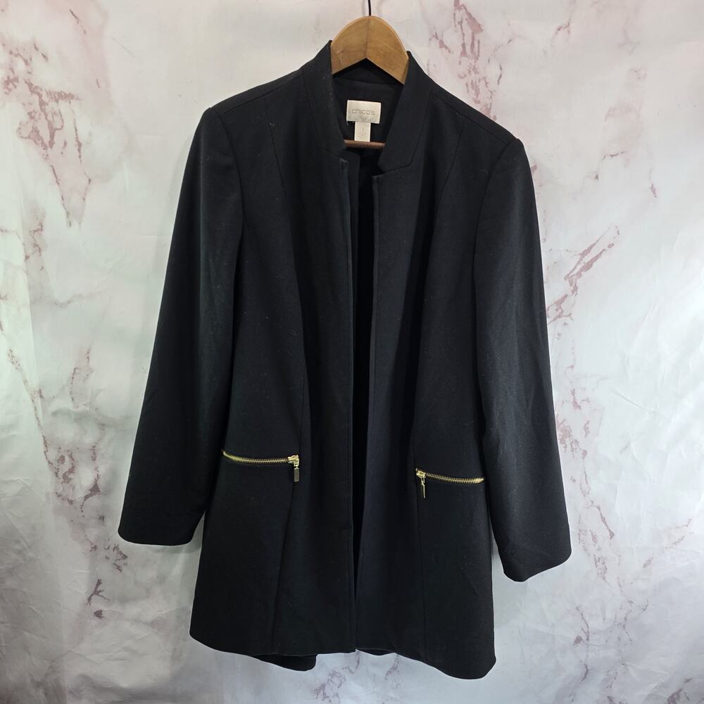 Chicos Jacket Womens 1 Medium Black Open Blazer Mandarin